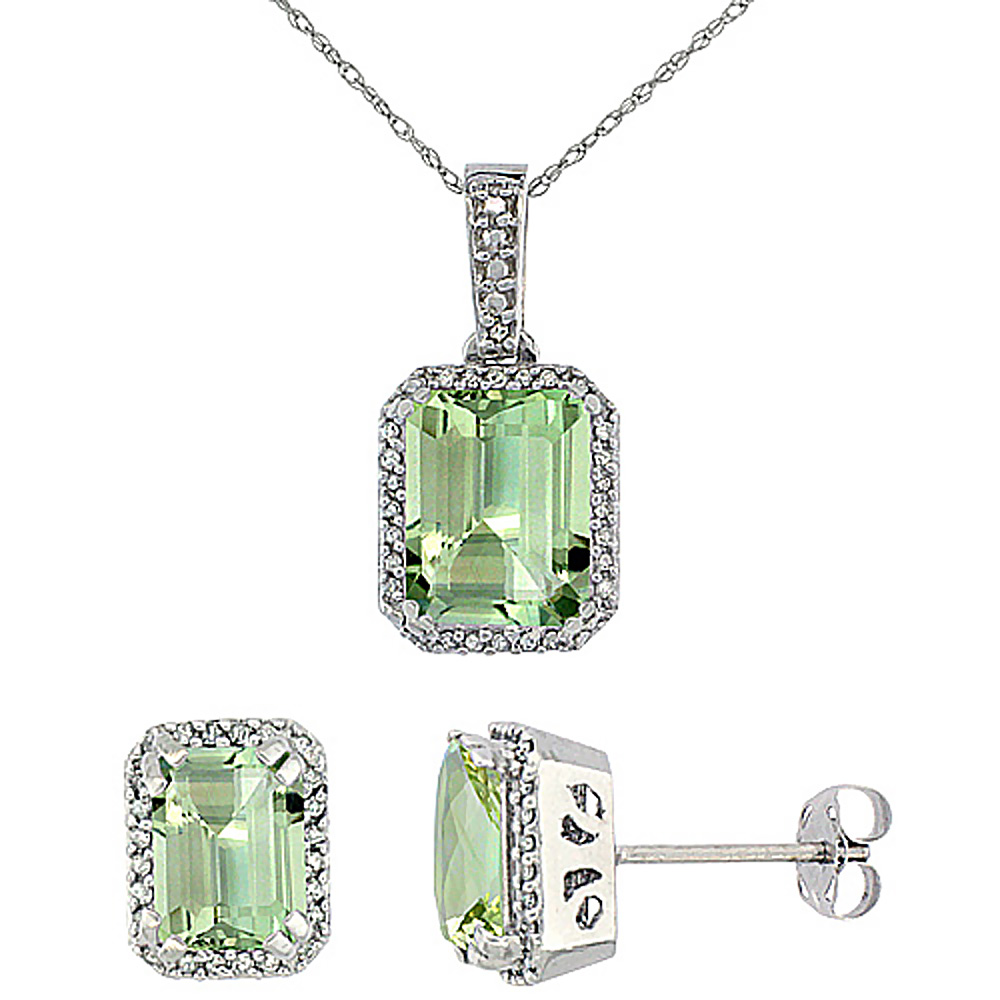 10K White Gold Diamond Natural Octagon Green Amethyst Earrings &amp; Pendant Set