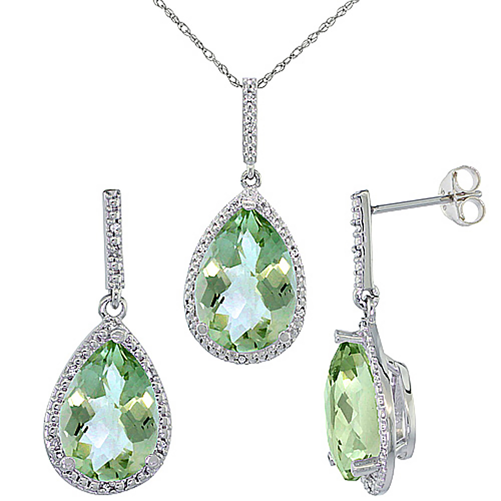 10K White Gold Diamond Natural Green Amethyst Earrings Necklace Set Pear Shaped 12x8mm &amp; 15x10mm, 18 inch