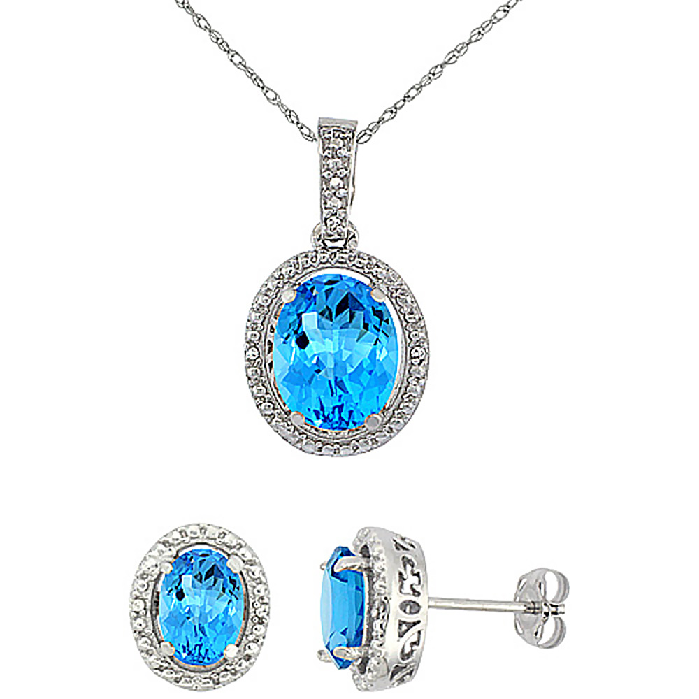 10K White Gold Diamond Natural Swiss Blue Topaz Oval Earrings & Pendant Set