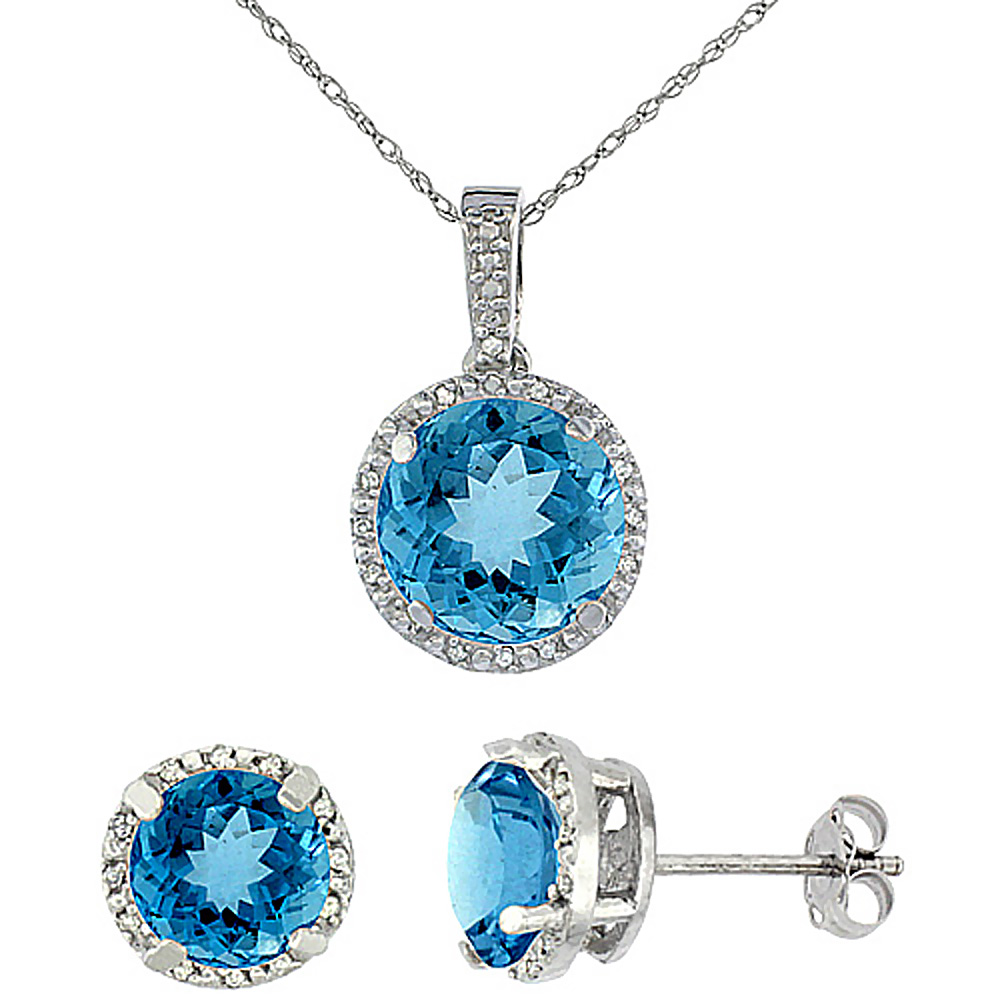 10K White Gold Natural Round Swiss Blue Topaz Earrings & Pendant Set Diamond Accents