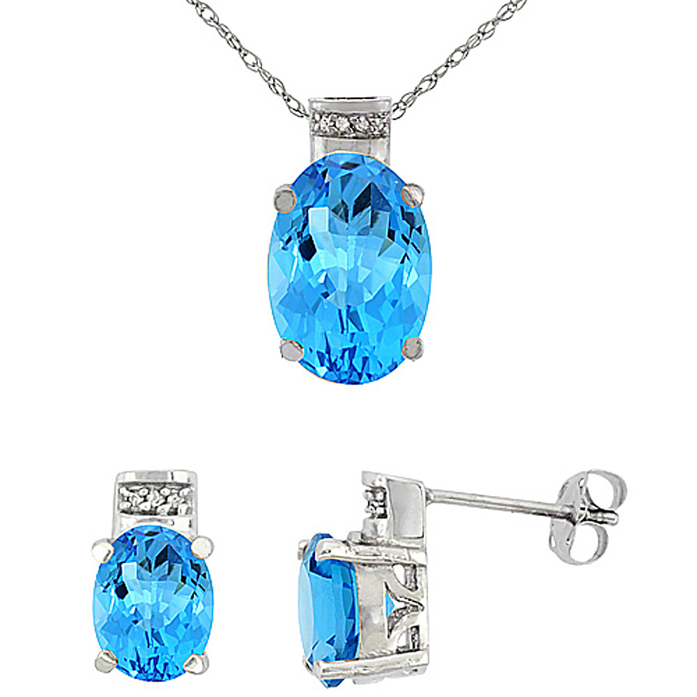 10K White Gold Diamond Natural Oval Swiss Blue Topaz Earrings & Pendant Set