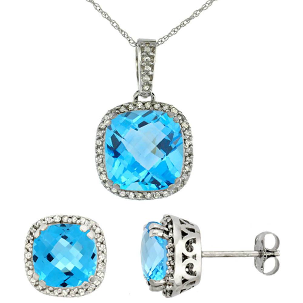 10k White Gold Diamond Halo Natural Swiss Blue Topaz Earring Necklace Set 7x7mm&10x10mm Cushion, 18 inch