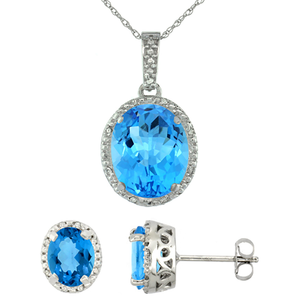 10K White Gold Diamond Halo Natural Swiss Blue Topaz Earrings Necklace Set Oval 7x5mm &amp; 12x10mm, 18 inch
