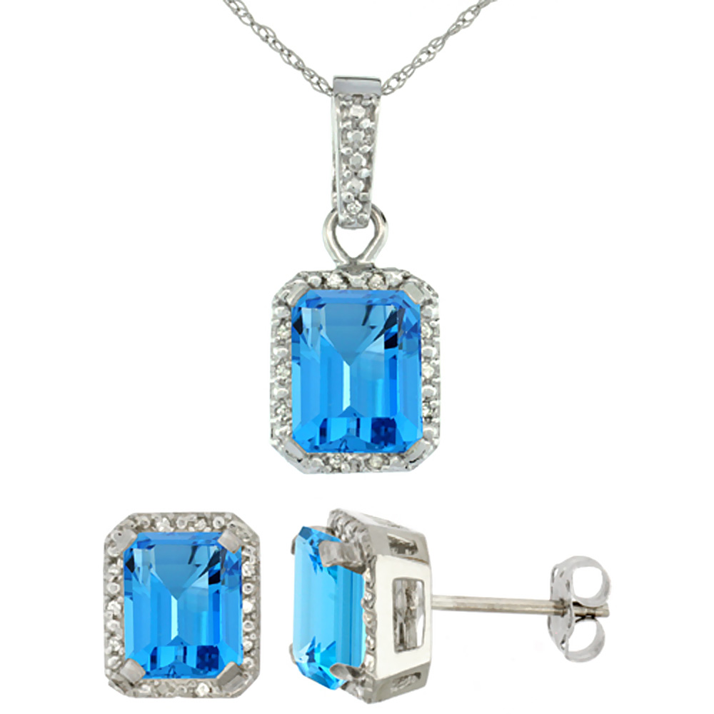 10K White Gold Natural Octagon 8x6 mm Swiss Blue Topaz Earrings & Pendant Set Diamond Accents