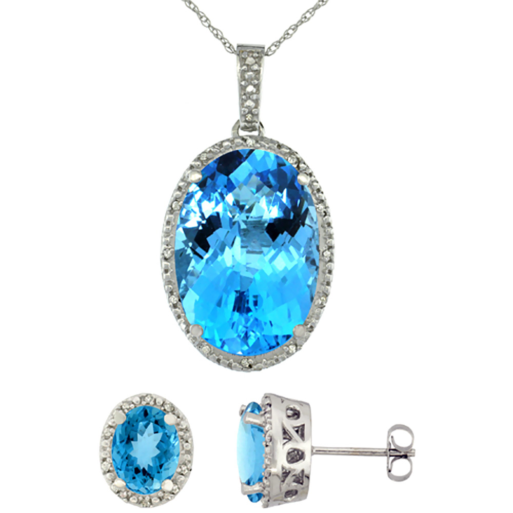 10K White Gold Diamond Natural Oval Swiss Blue Topaz Earrings &amp; Pendant Set