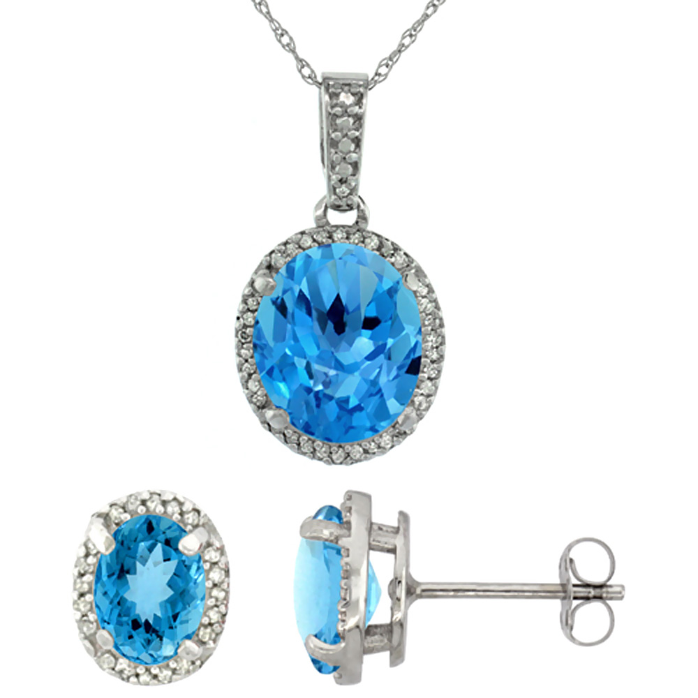 10K White Gold Diamond Natural Swiss Blue Topaz Oval Earrings &amp; Pendant Set