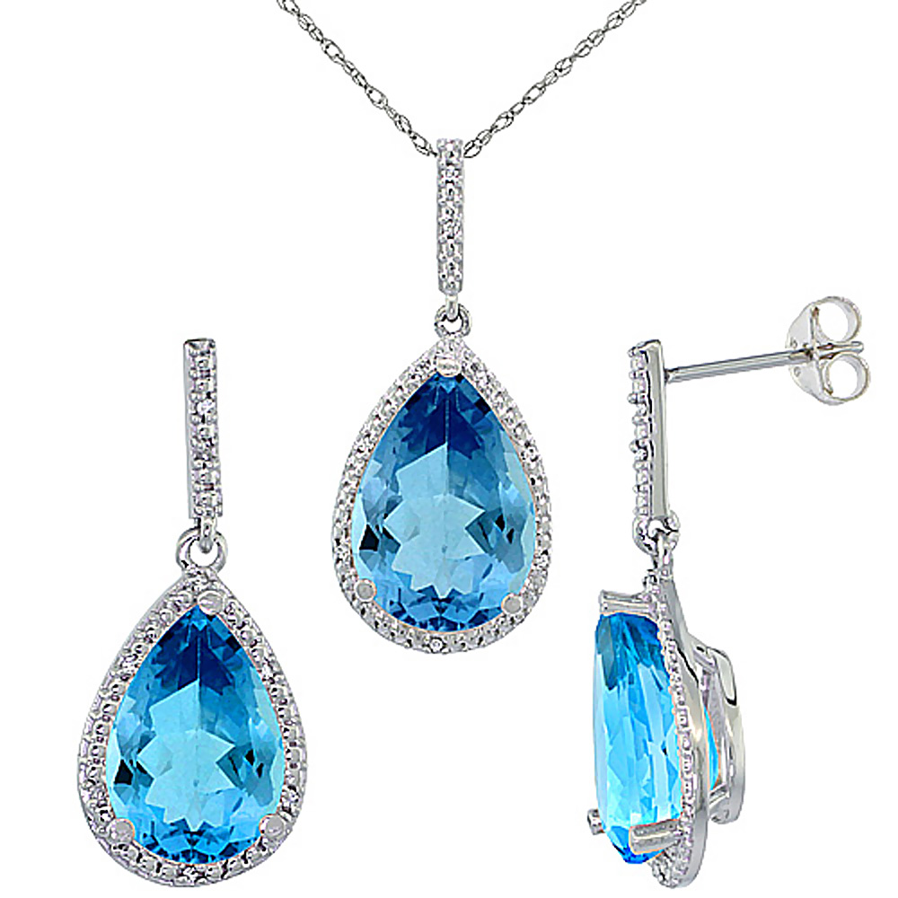 10K White Gold Diamond Natural Swiss Blue Topaz Earrings Necklace Set Pear Shaped 12x8mm&amp;15x10mm,18 inch