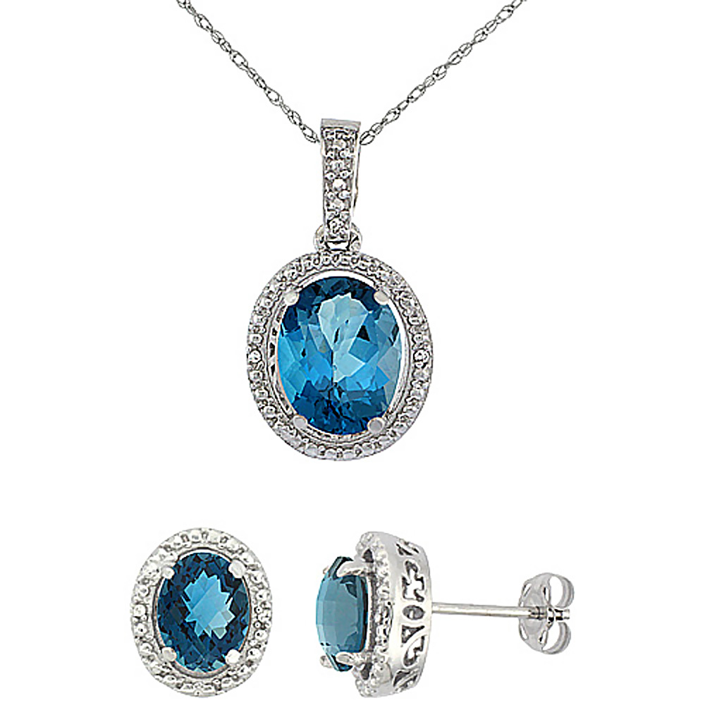 10K White Gold Diamond Natural London Blue Topaz Oval Earrings & Pendant Set