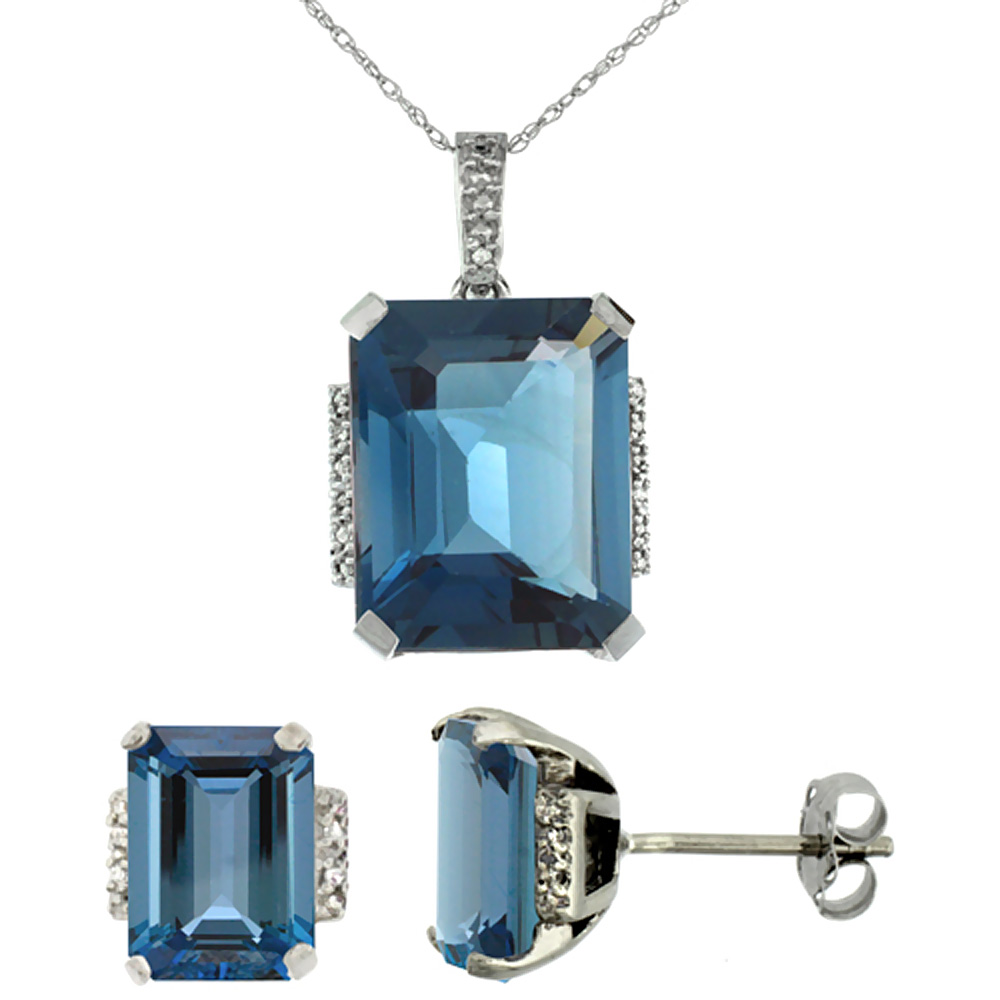 10K White Gold Natural Octagon London Blue Topaz Earrings &amp; Pendant Set Diamond Accents