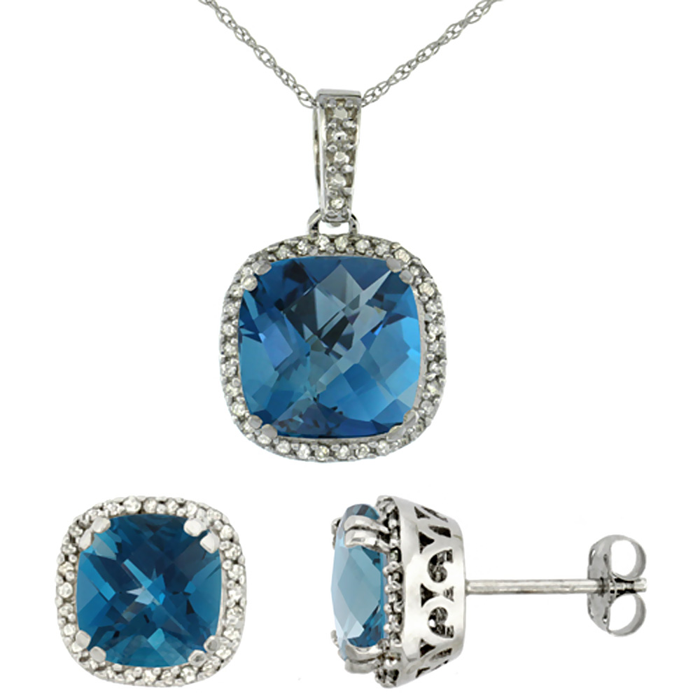 10k White Gold Diamond Halo Natural London Blue Topaz Earring Necklace Set 7x7mm&amp;10x10mm Cushion,18 inch