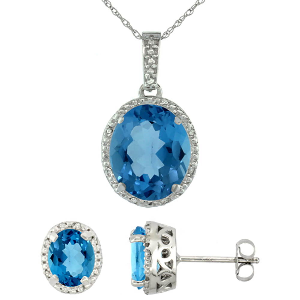 10K White Gold Diamond Halo Natural London Blue Topaz Earrings Necklace Set Oval 7x5mm & 12x10mm, 18 inch