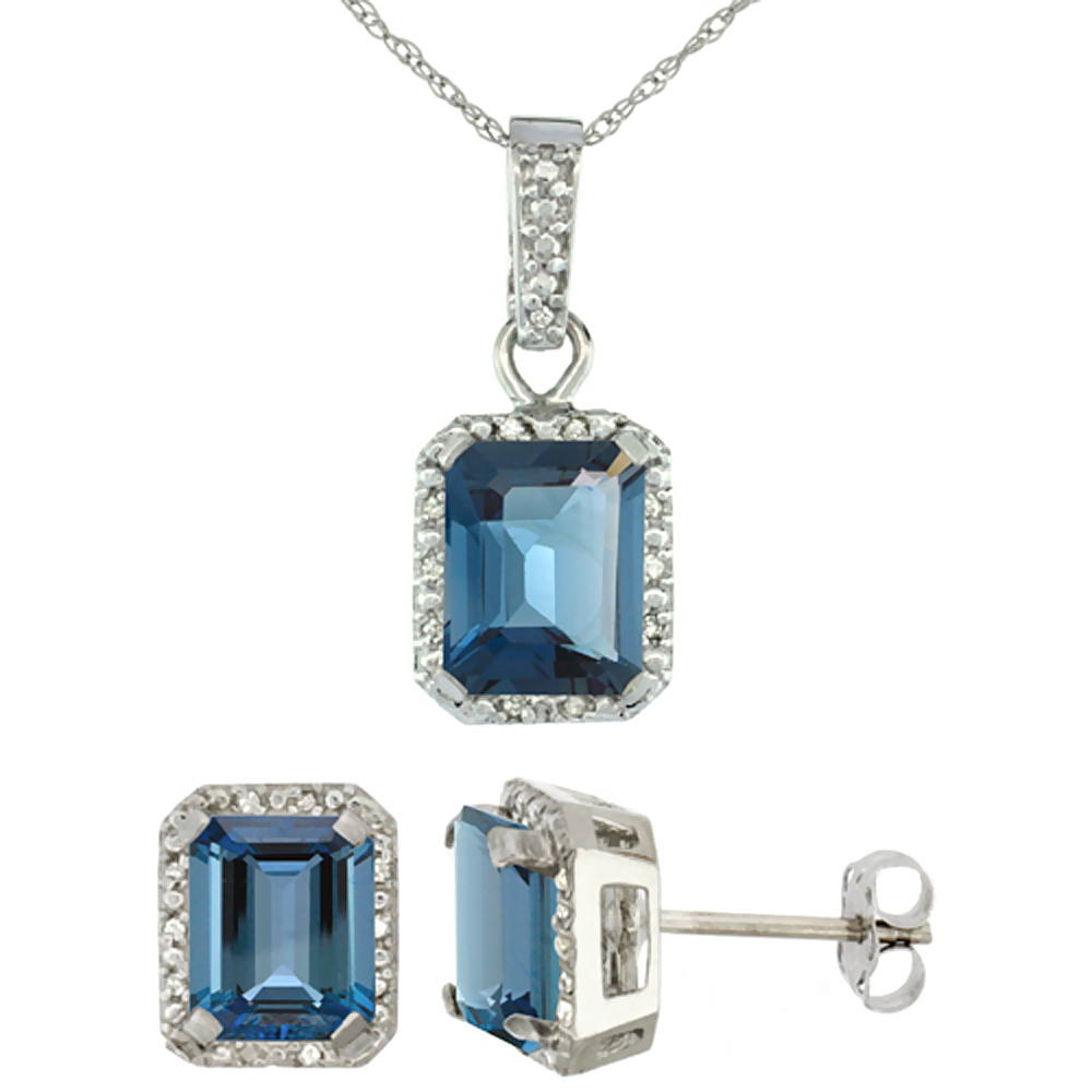 10K White Gold Natural Octagon 8x6 mm London Blue Topaz Earrings & Pendant Set Diamond Accents