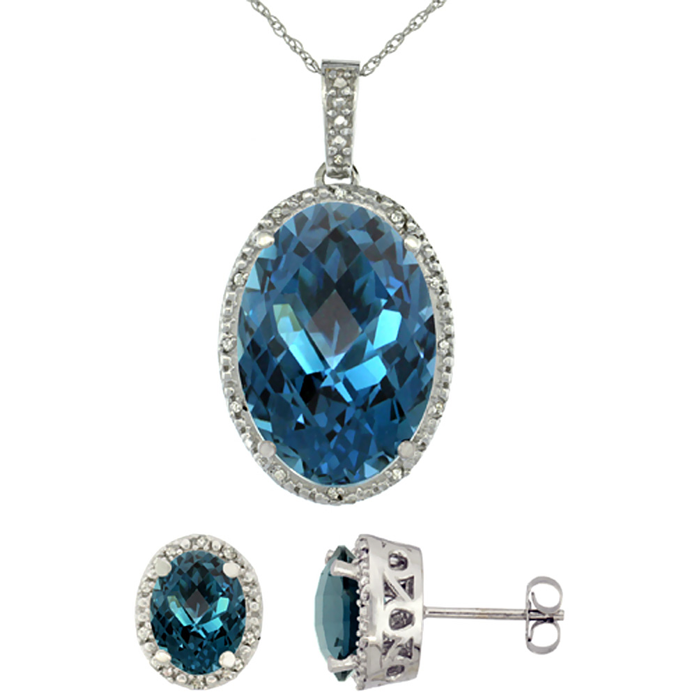 10K White Gold Diamond Natural Oval London Blue Topaz Earrings &amp; Pendant Set