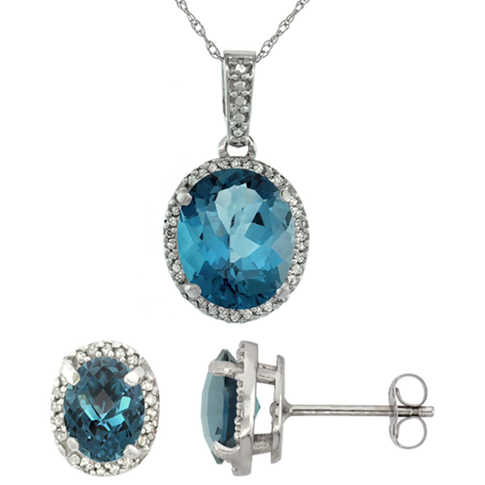 10K White Gold Diamond Natural London Blue Topaz Oval Earrings & Pendant Set