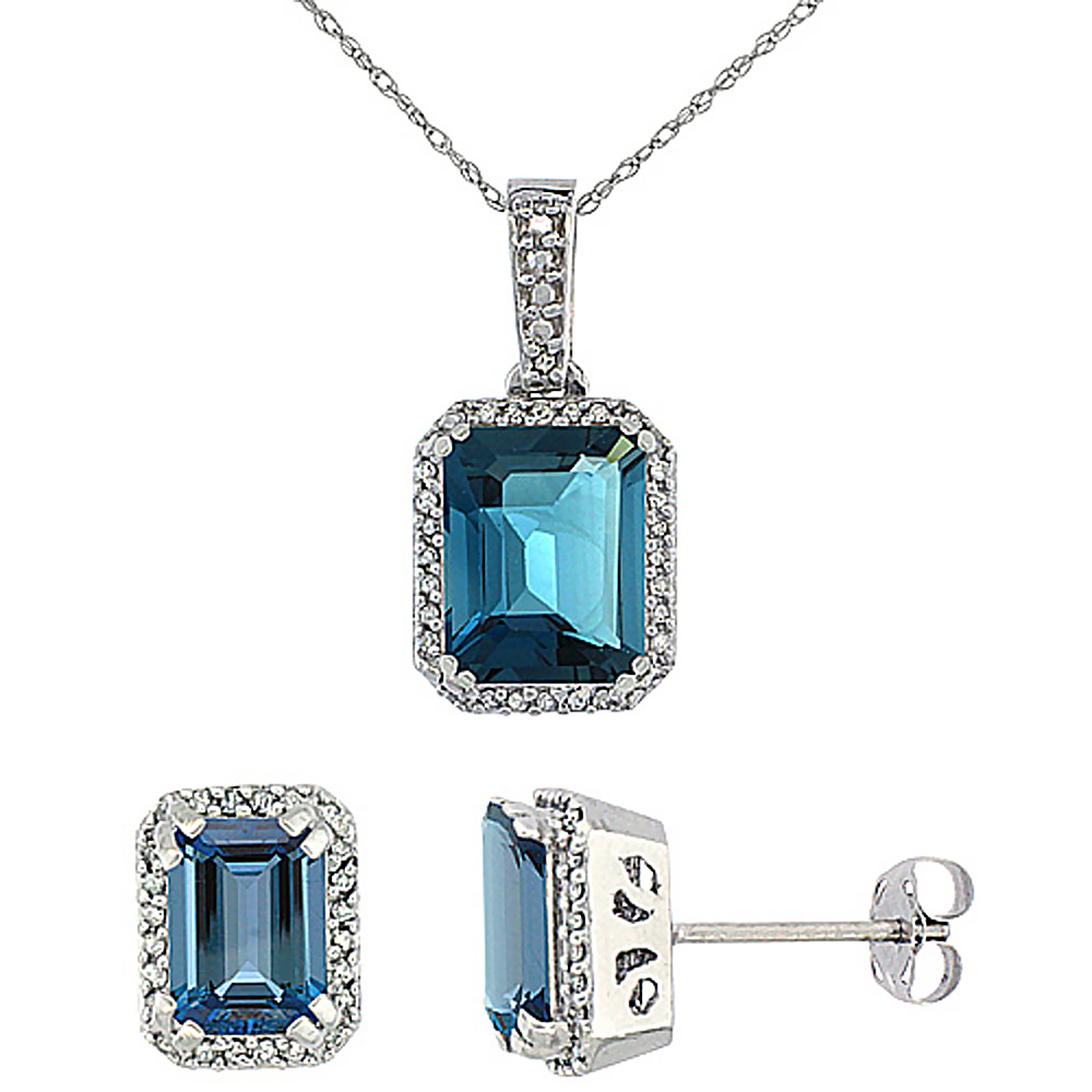 10K White Gold Diamond Natural Octagon London Blue Topaz Earrings & Pendant Set