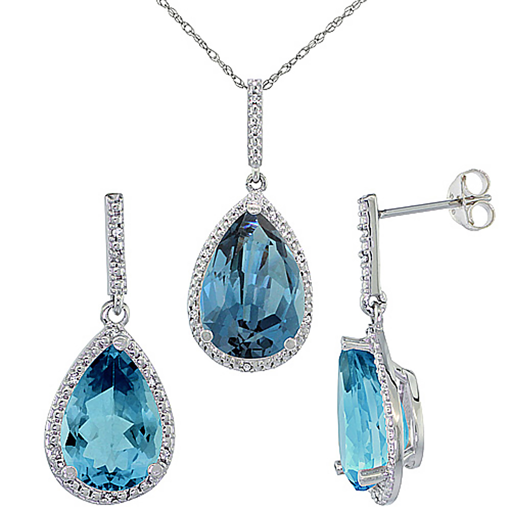 10K White Gold Diamond Natural London Blue Topaz Earrings Necklace Set Pear Shaped 12x8mm&15x10mm,18 inch