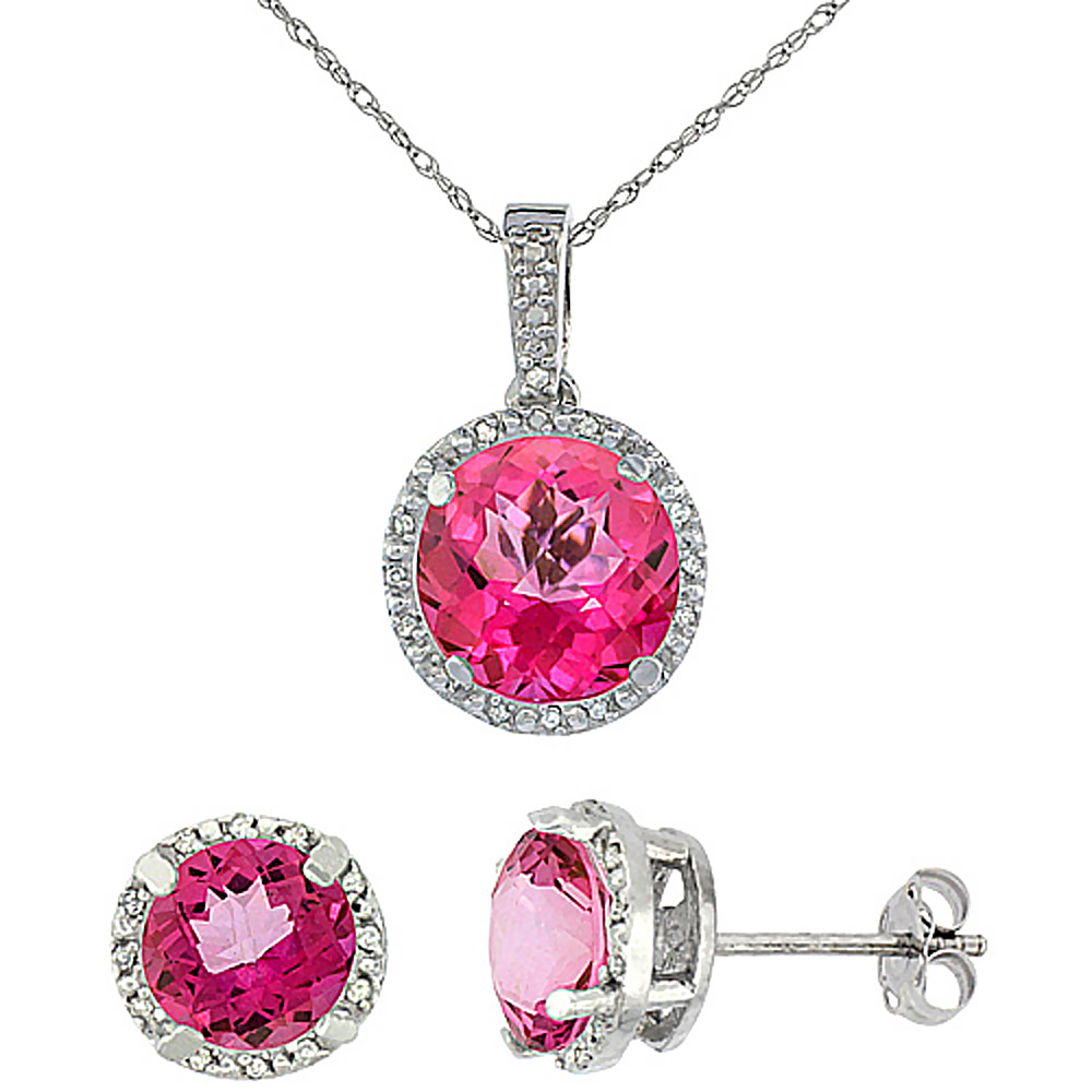 10K White Gold Natural Round Pink Topaz Earrings &amp; Pendant Set Diamond Accents