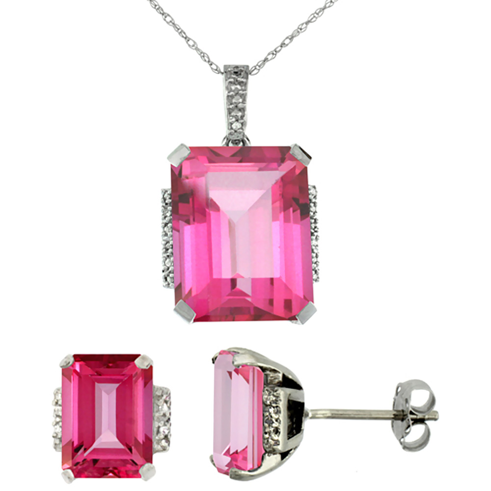 10K White Gold Natural Octagon Pink Topaz Earrings & Pendant Set Diamond Accents
