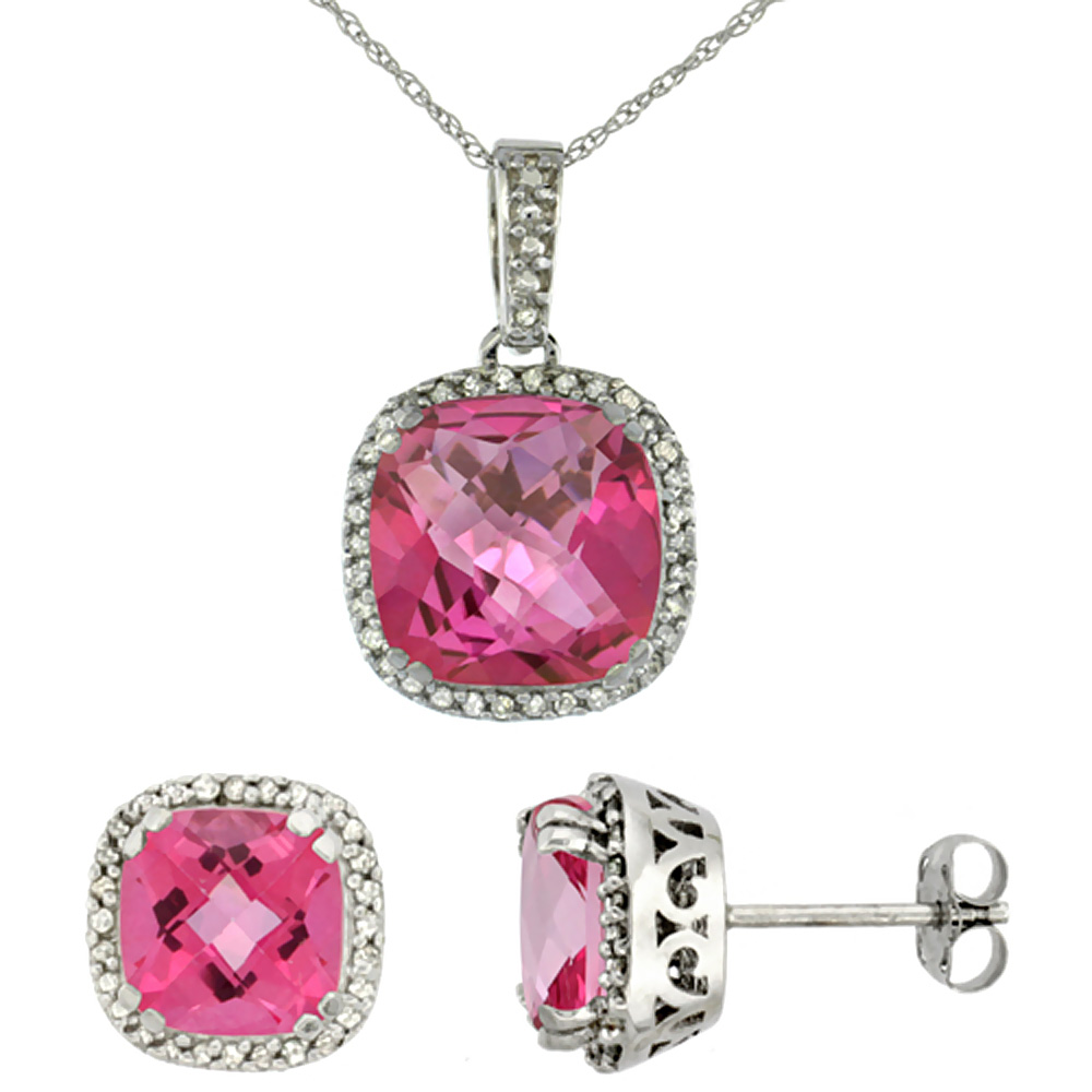 10k White Gold Diamond Halo Natural Pink Topaz Earring Necklace Set 7x7mm &amp; 10x10mm Cushion, 18 inch