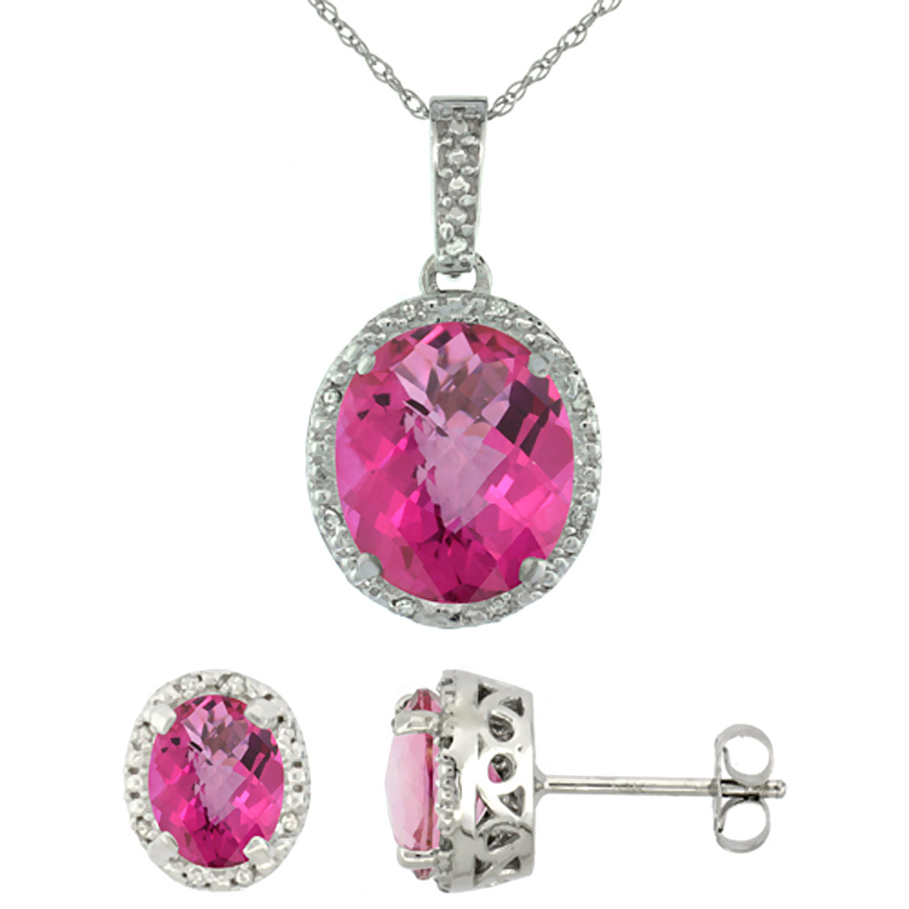 10K White Gold Diamond Halo Natural Pink Topaz Earrings Necklace Set Oval 7x5mm & 12x10mm, 18 inch
