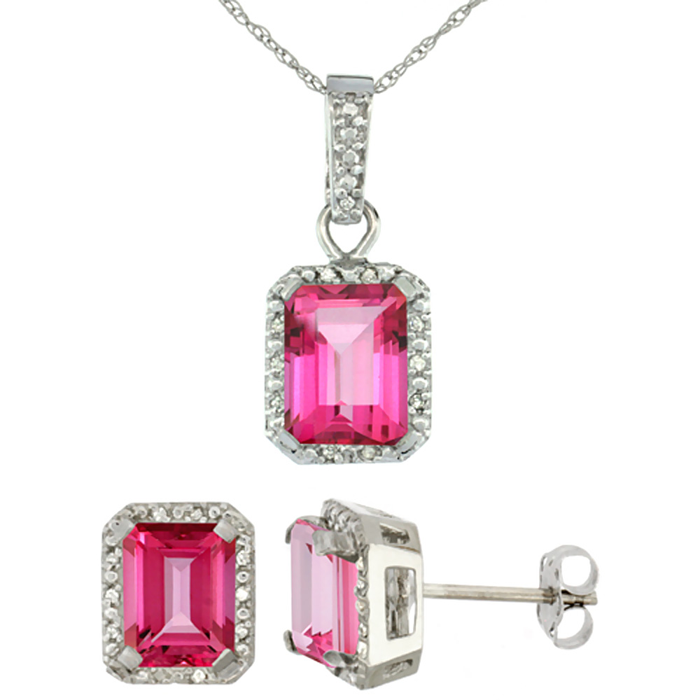 10K White Gold Natural Octagon 8x6 mm Pink Topaz Earrings & Pendant Set Diamond Accents