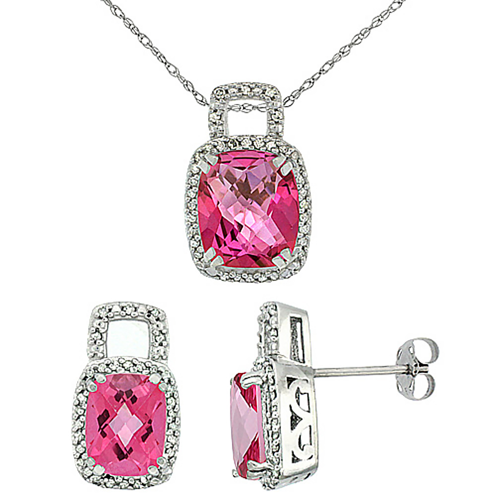 10K White Gold Natural Octagon Cushion Pink Topaz Earrings &amp; Pendant Set Diamond Accents
