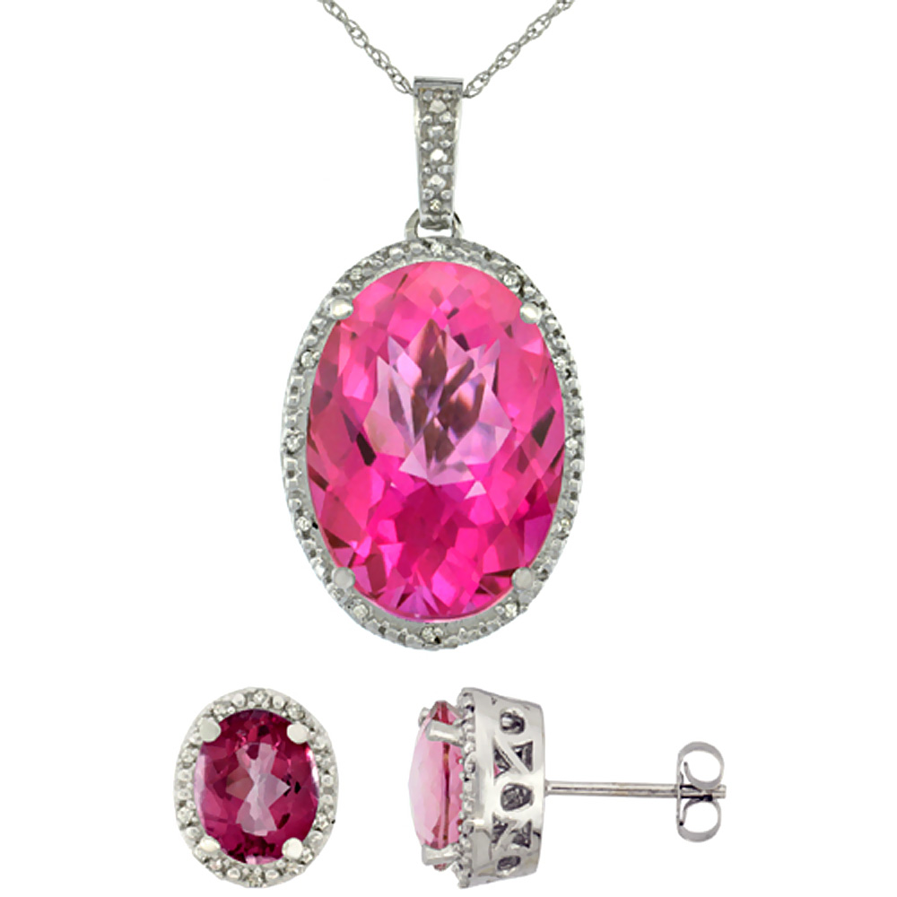 10K White Gold Diamond Natural Oval Pink Topaz Earrings & Pendant Set