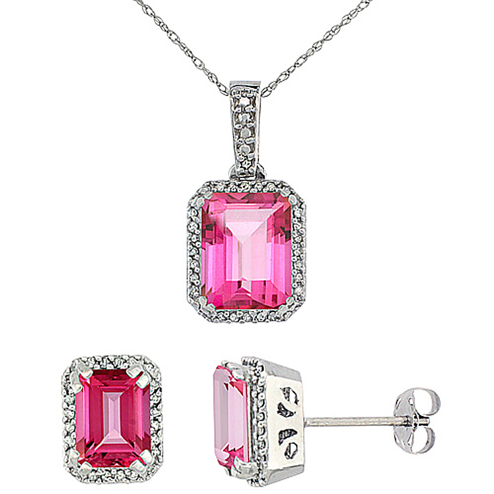 10K White Gold Diamond Natural Octagon Pink Topaz Earrings & Pendant Set