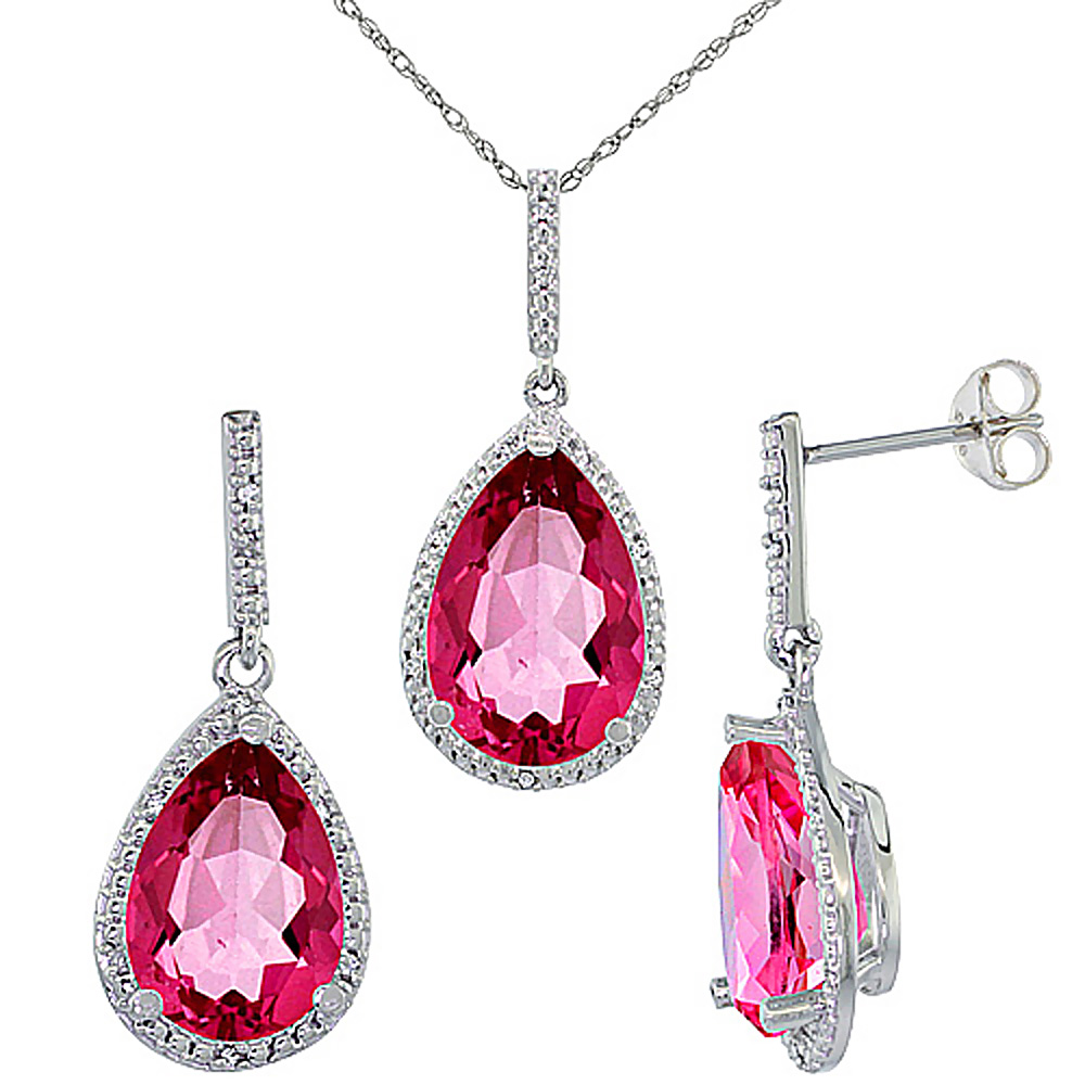 10K White Gold Diamond Natural Pink Topaz Earrings Necklace Set Pear Shaped 12x8mm &amp; 15x10mm, 18 inch