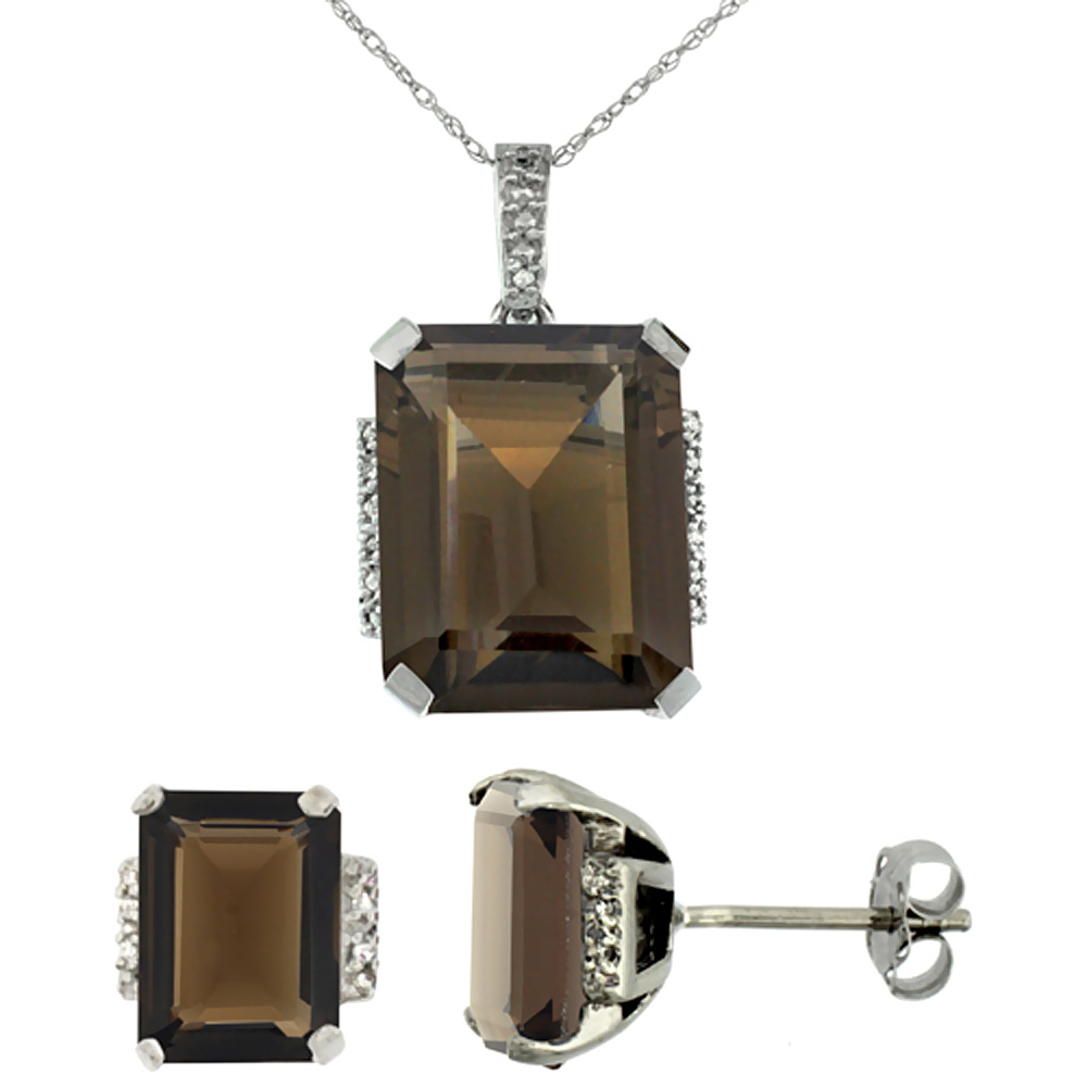 10K White Gold Natural Octagon Smoky Topaz Earrings & Pendant Set Diamond Accents