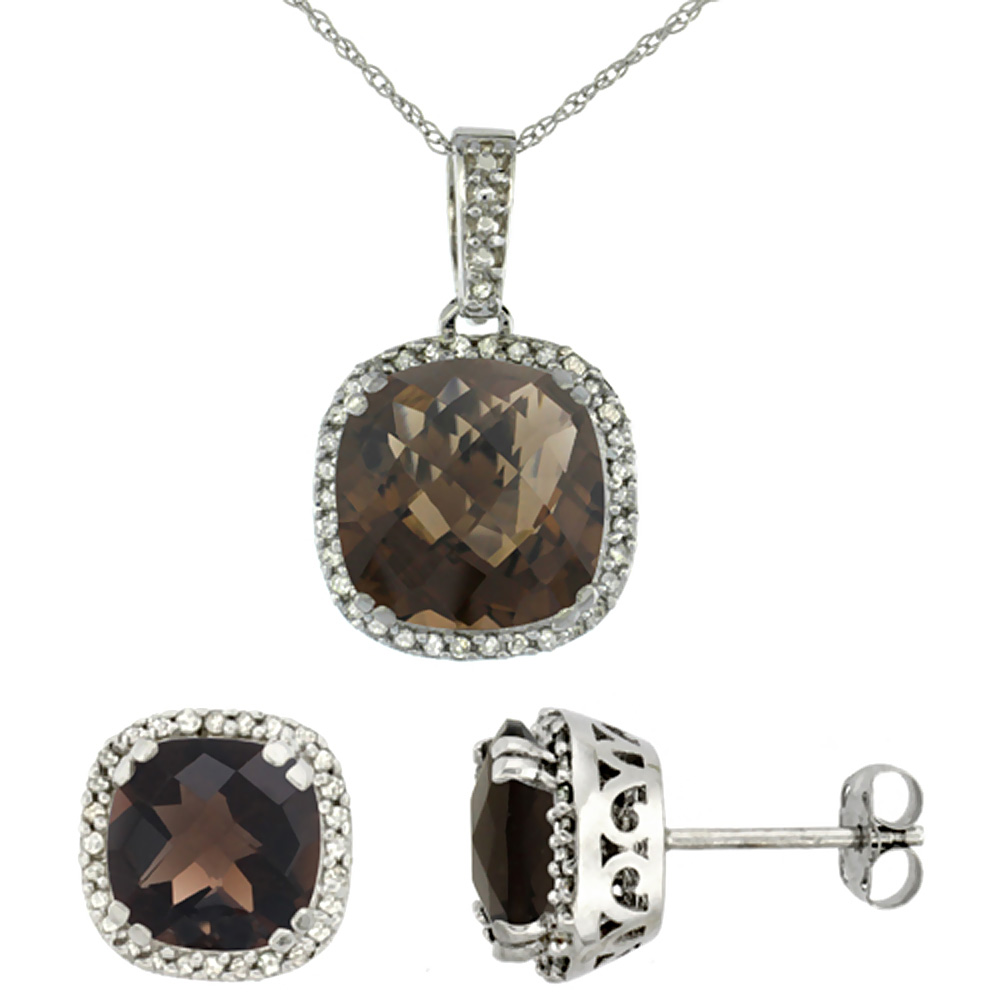 10k White Gold Diamond Halo Natural Smoky Topaz Earring Necklace Set 7x7mm &amp; 10x10mm Cushion, 18 inch