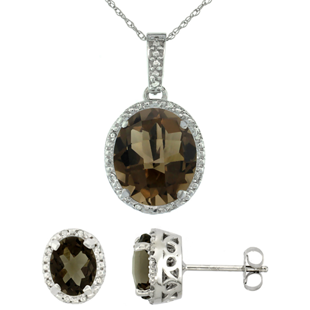 10K White Gold Diamond Halo Natural Smoky Topaz Earrings Necklace Set Oval 7x5mm &amp; 12x10mm, 18 inch