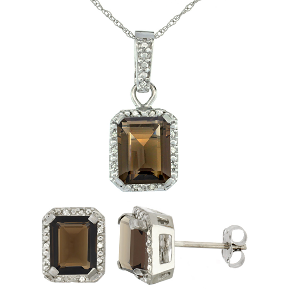 10K White Gold Natural Octagon 8x6 mm Smoky Topaz Earrings &amp; Pendant Set Diamond Accents