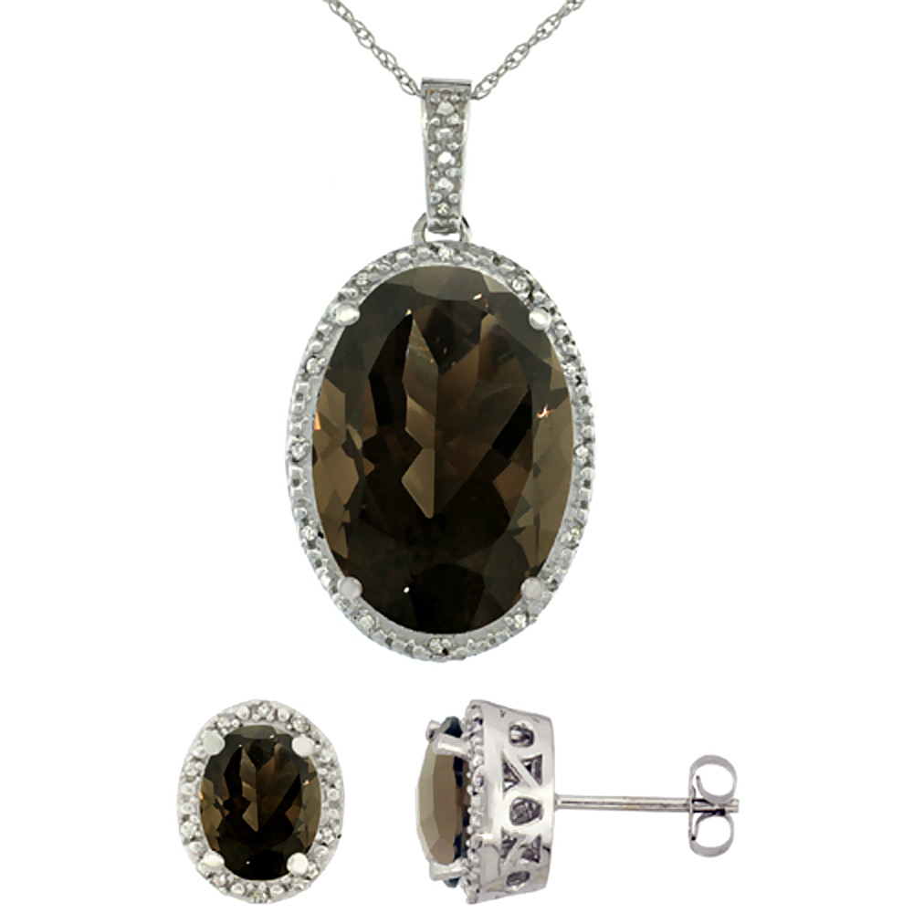 10K White Gold Diamond Natural Oval Smoky Topaz Earrings & Pendant Set