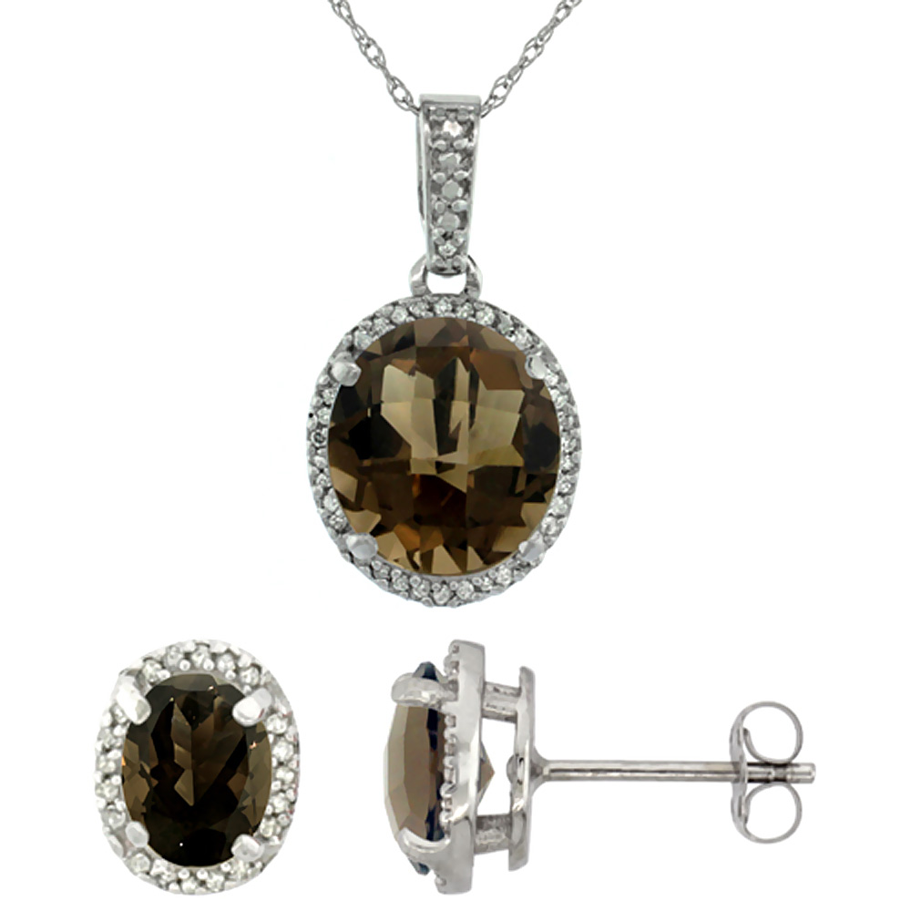 10K White Gold Diamond Natural Smoky Topaz Oval Earrings & Pendant Set