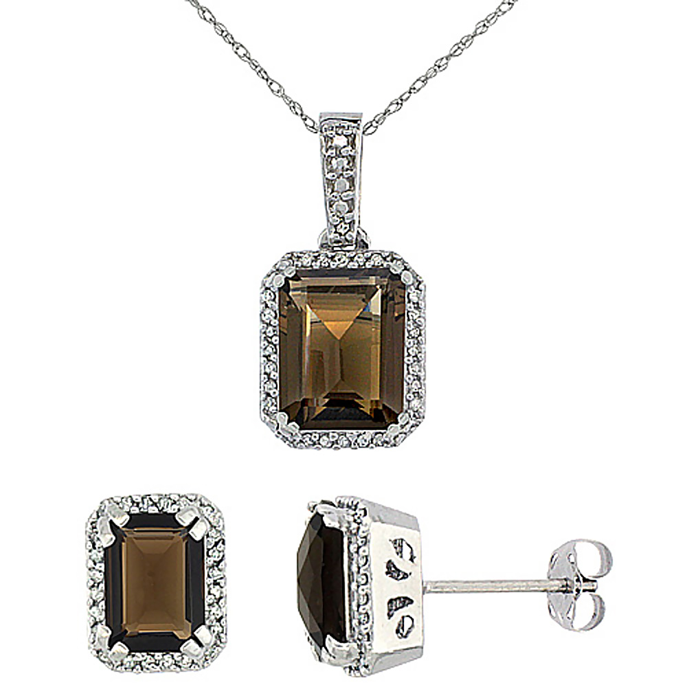 10K White Gold Diamond Natural Octagon Smoky Topaz Earrings & Pendant Set