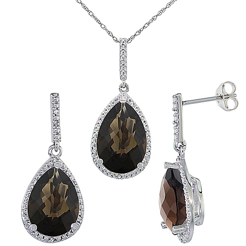 10K White Gold Diamond Natural Smoky Topaz Earrings Necklace Set Pear Shaped 12x8mm &amp; 15x10mm, 18 inch
