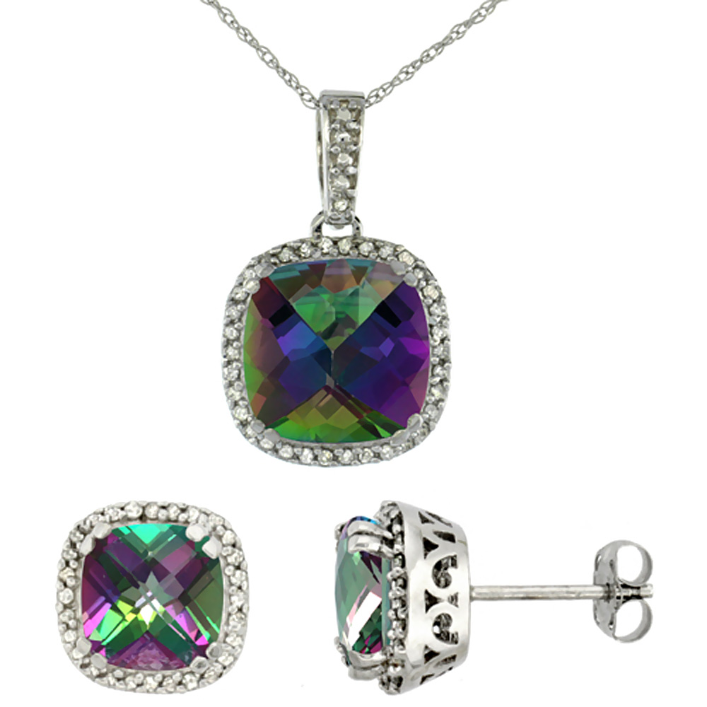 10k White Gold Diamond Halo Natural Mystic Topaz Earring Necklace Set 7x7mm & 10x10mm Cushion, 18 inch
