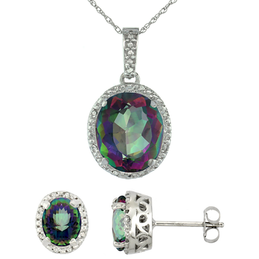 10K White Gold Diamond Halo Natural Mystic Topaz Earrings Necklace Set Oval 7x5mm & 12x10mm, 18 inch