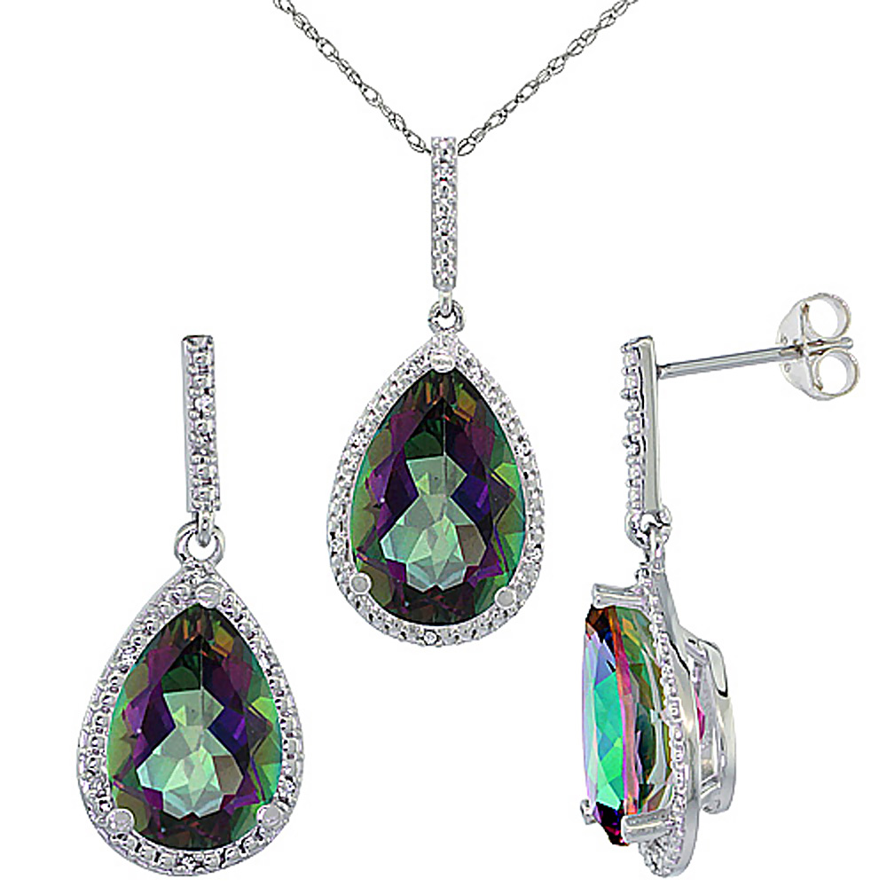 10K White Gold Diamond Natural Mystic Topaz Earrings Necklace Set Pear Shaped 12x8mm & 15x10mm, 18 inch