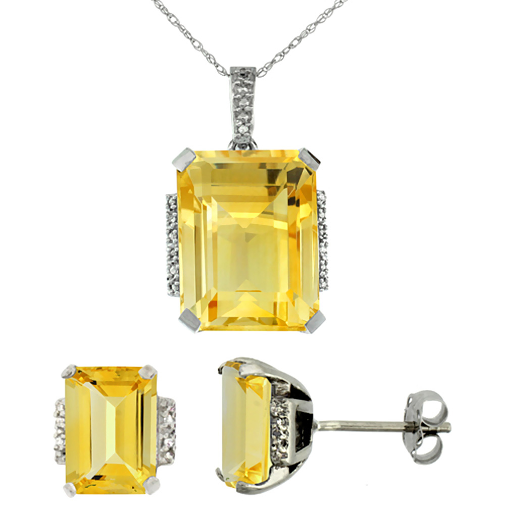 10K White Gold Natural Octagon Citrine Earrings &amp; Pendant Set Diamond Accents
