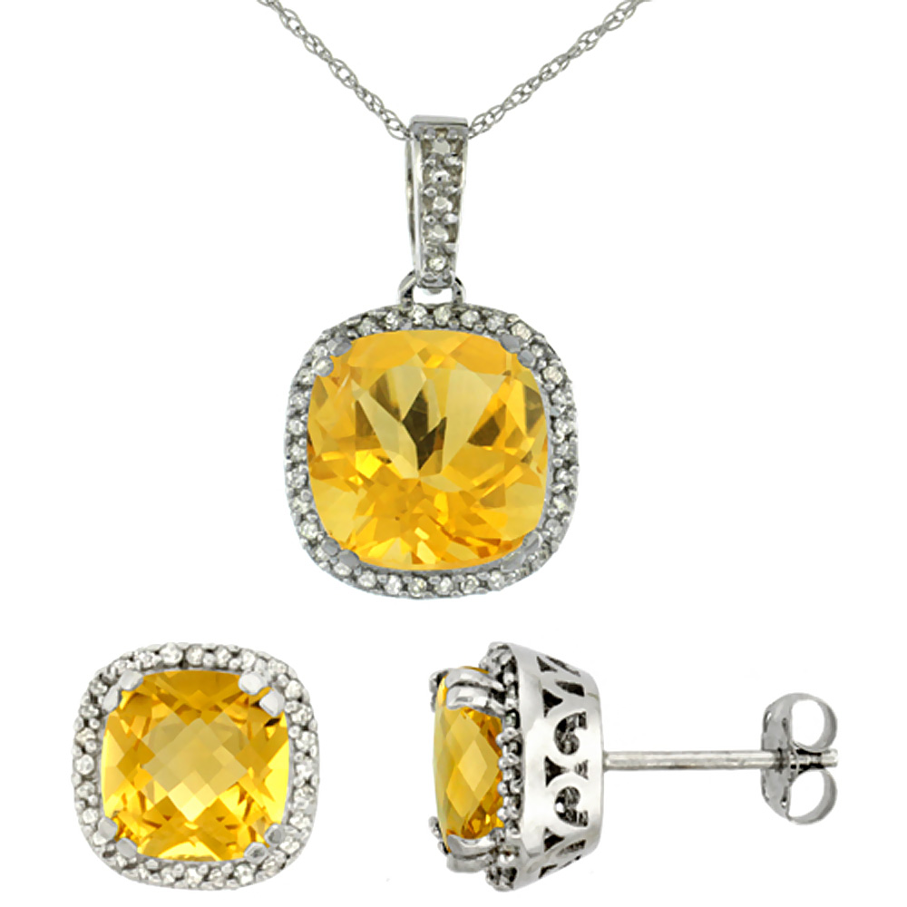 10k White Gold Diamond Halo Natural Citrine Earring Necklace Set 7x7mm & 10x10mm Cushion Shaped, 18 inch