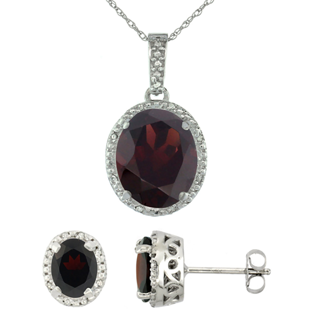 10K White Gold Diamond Halo Natural Garnet Earrings Necklace Set Oval 7x5mm &amp; 12x10mm, 18 inch