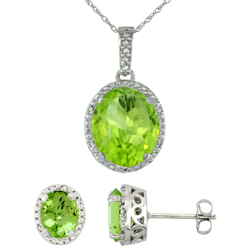 10K White Gold Diamond Halo Natural Peridot Earrings Necklace Set Oval 7x5mm & 12x10mm, 18 inch