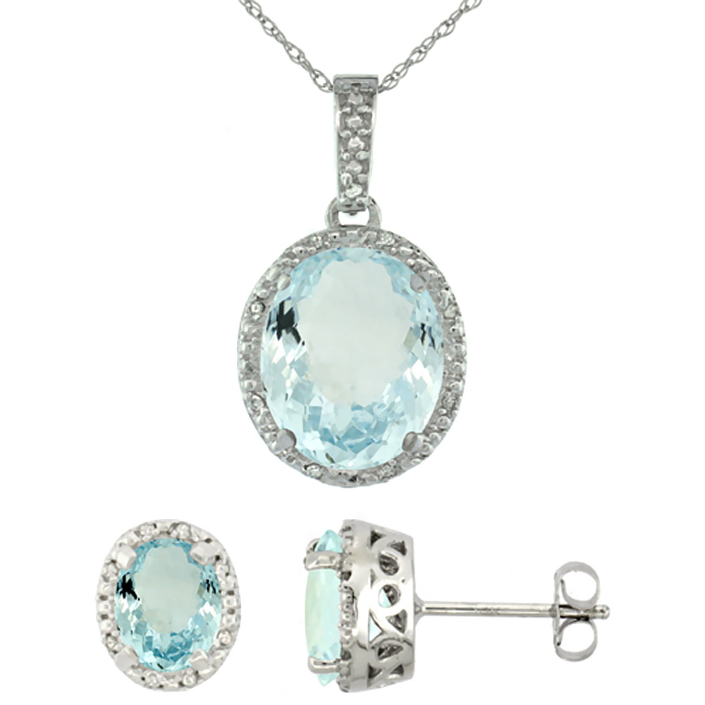 10K White Gold Diamond Halo Natural Aquamarine Earrings Necklace Set Oval 7x5mm & 12x10mm, 18 inch