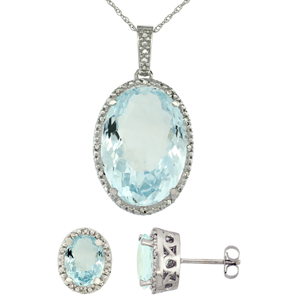 10K White Gold Diamond Natural Oval Aquamarine Earrings &amp; Pendant Set