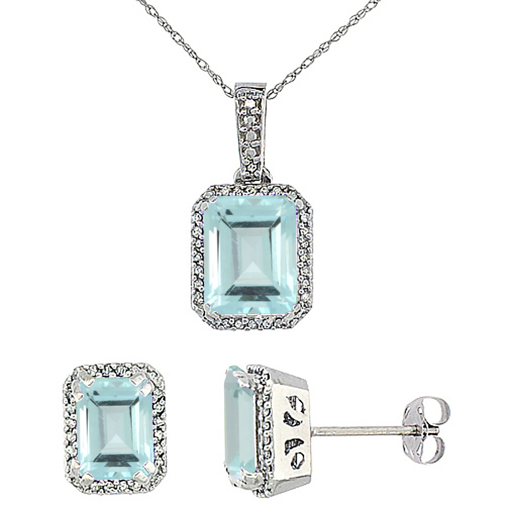 10K White Gold Diamond Natural Octagon Aquamarine Earrings & Pendant Set