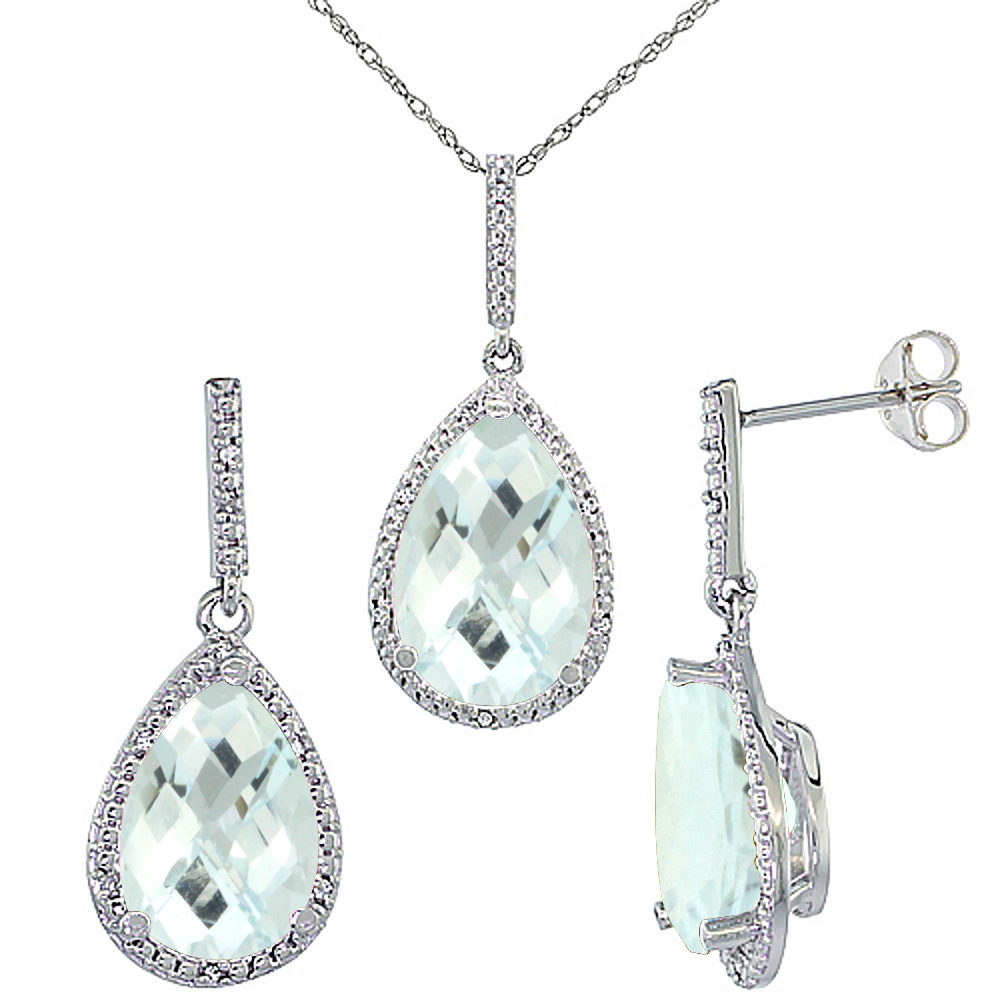 10K White Gold Diamond Natural Aquamarine Earrings Necklace Set Pear Shaped 12x8mm & 15x10mm, 18 inch
