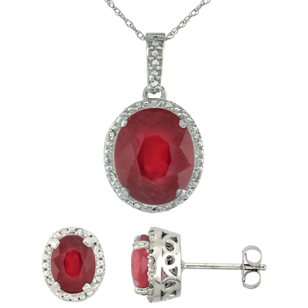 10K White Gold Diamond Halo Enhanced Genuine Ruby Earrings Necklace Set Oval 7x5mm &amp; 12x10mm, 18 inch