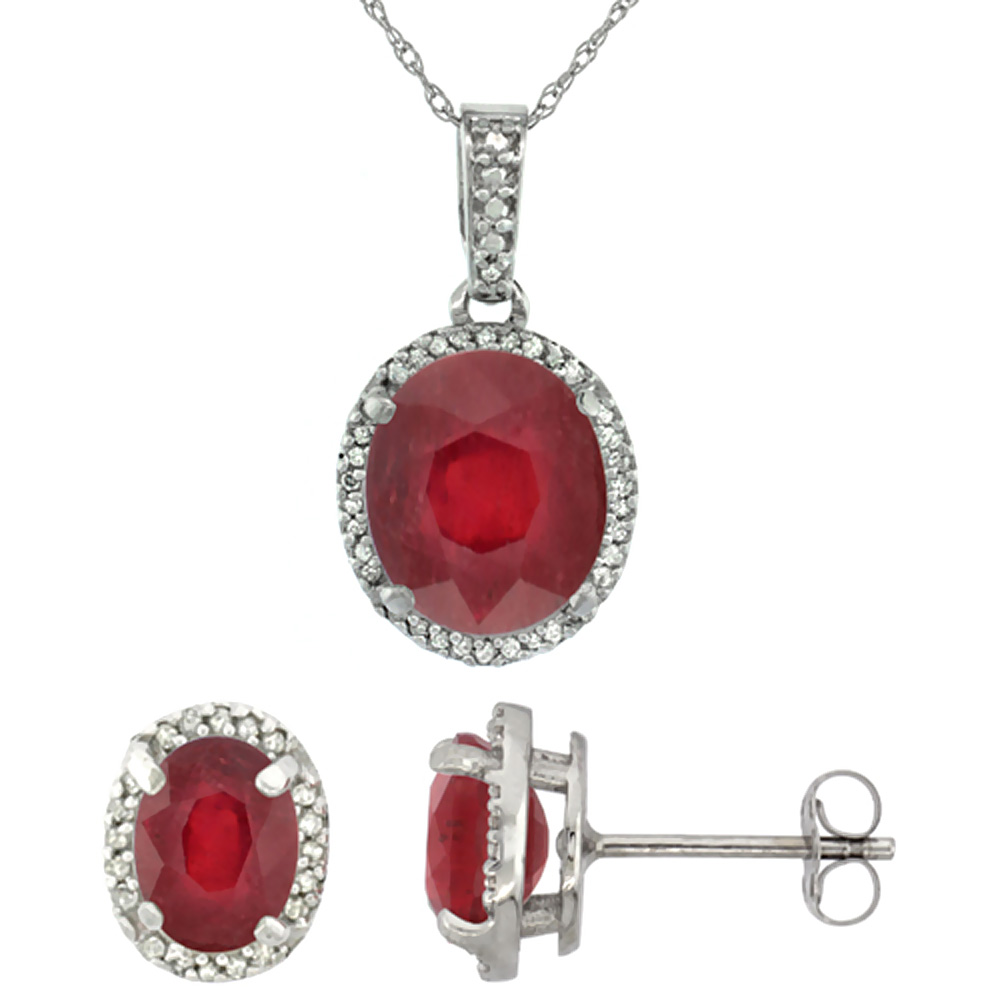 10K White Gold Diamond Enhanced Genuine Ruby Oval Earrings &amp; Pendant Set